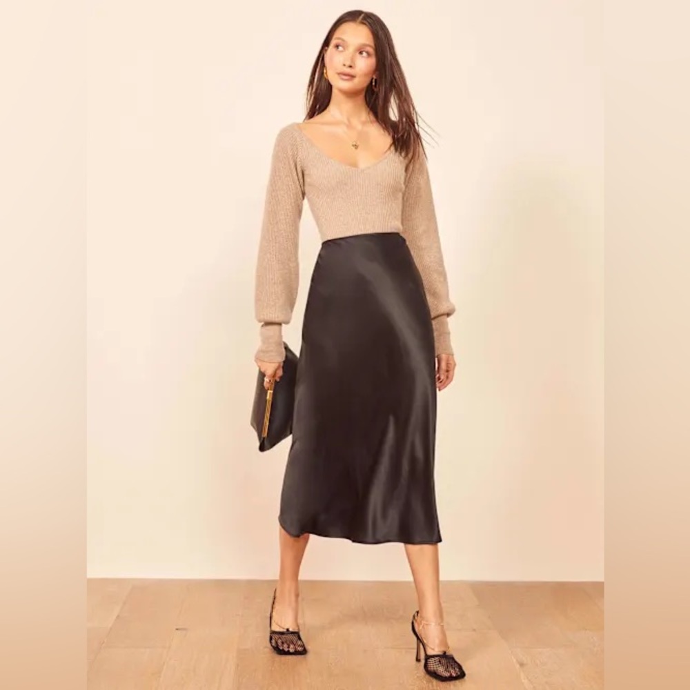 Reformation 2 2P Black Silk Pratt Bias Midi Skirt Petite